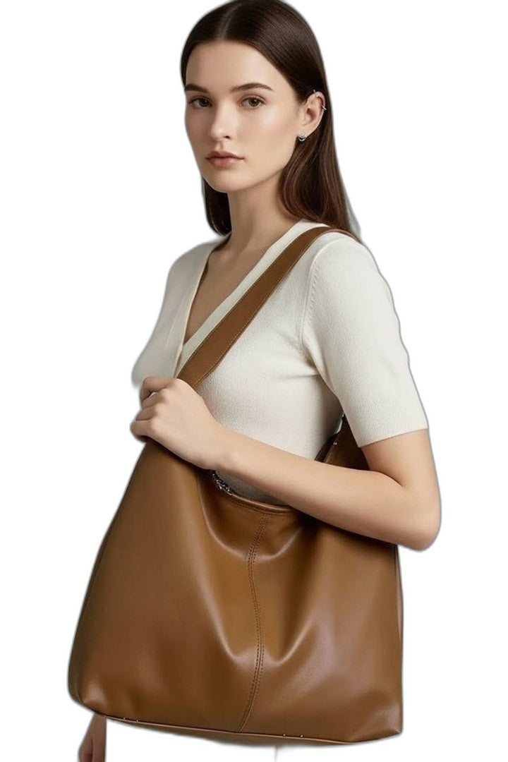 Effortless Brown Leather Shoulder Bag for Women with Pockets Tote Casual Style