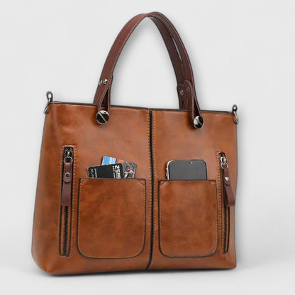 Effortless Brown Leather Tote Bag for Women with Pockets Casual Style