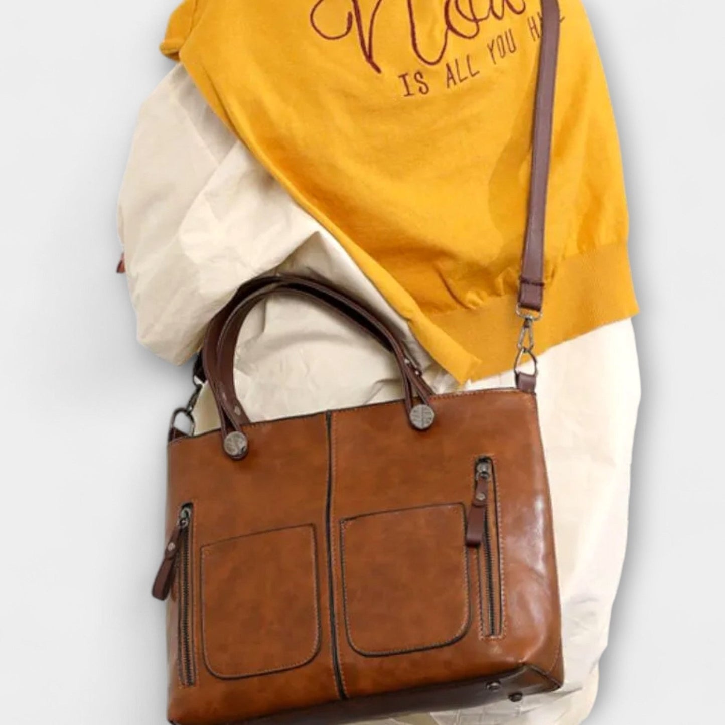 Effortless Brown Leather Tote Bag for Women with Pockets Casual Style