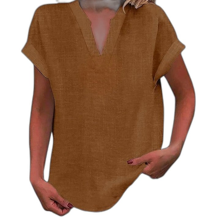 Effortless Brown Linen Blouse for Women with V Neck Short Sleeve Oversized Casual Style