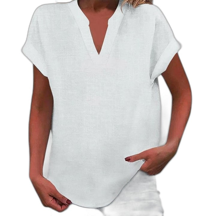 Effortless Brown Linen Blouse for Women with V Neck Short Sleeve Oversized Casual Style