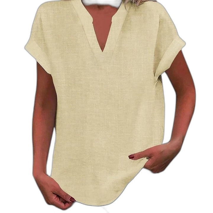 Effortless Brown Linen Blouse for Women with V Neck Short Sleeve Oversized Casual Style
