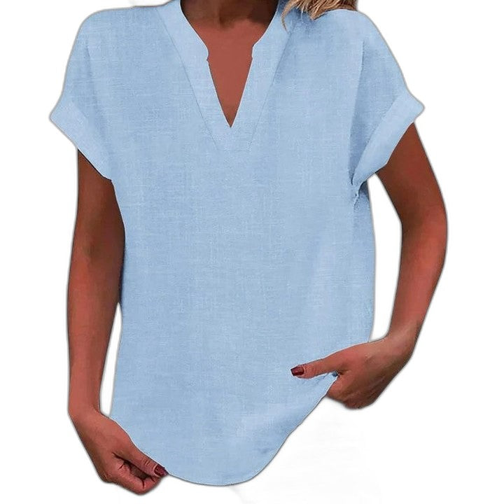 Effortless Brown Linen Blouse for Women with V Neck Short Sleeve Oversized Casual Style