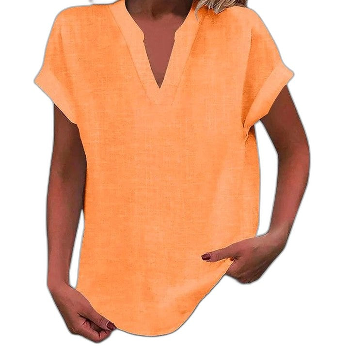 Effortless Brown Linen Blouse for Women with V Neck Short Sleeve Oversized Casual Style