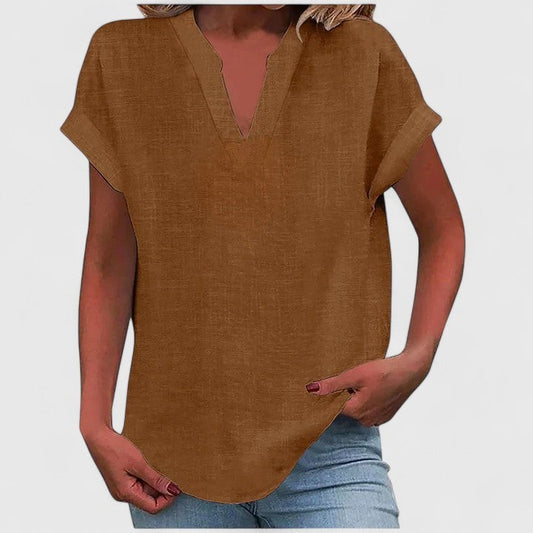 Effortless Brown Linen Blouse for Women with V Neck Short Sleeve Oversized Casual Style