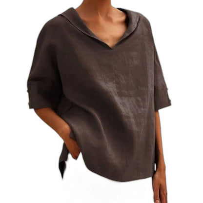 Effortless Brown Linen Blouse for Women with V Neck Short Sleeve Oversized Casual Style