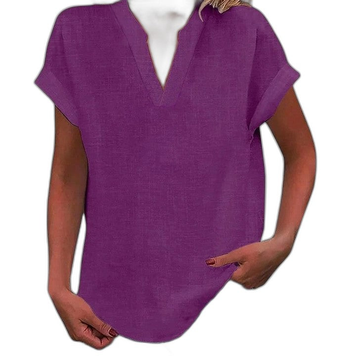 Effortless Brown Linen Blouse for Women with V Neck Short Sleeve Oversized Casual Style