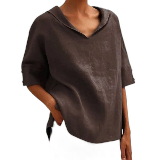 Effortless Brown Linen Blouse for Women with V Neck Short Sleeve Oversized Casual Style