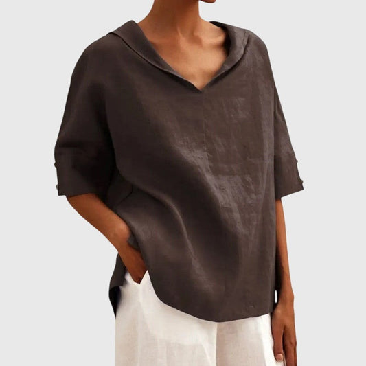 Effortless Brown Linen Blouse for Women with V Neck Short Sleeve Oversized Casual Style