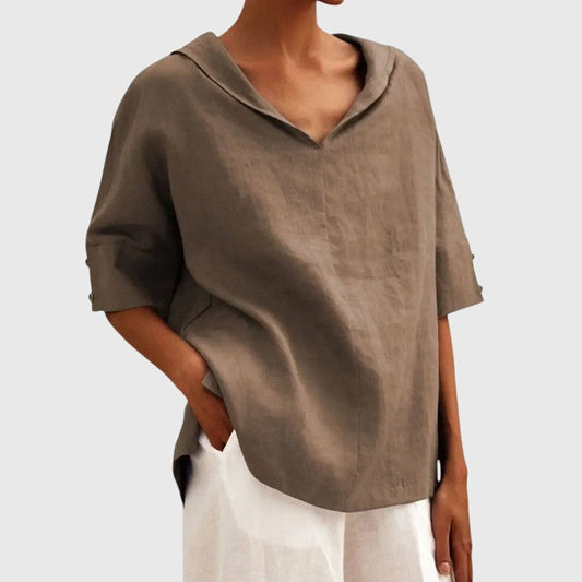 Effortless Brown Linen Blouse for Women with V Neck Short Sleeve Oversized Casual Style