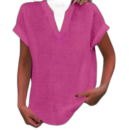 Effortless Brown Linen Blouse for Women with V Neck Short Sleeve Oversized Casual Style