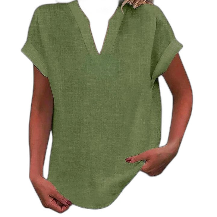 Effortless Brown Linen Blouse for Women with V Neck Short Sleeve Oversized Casual Style