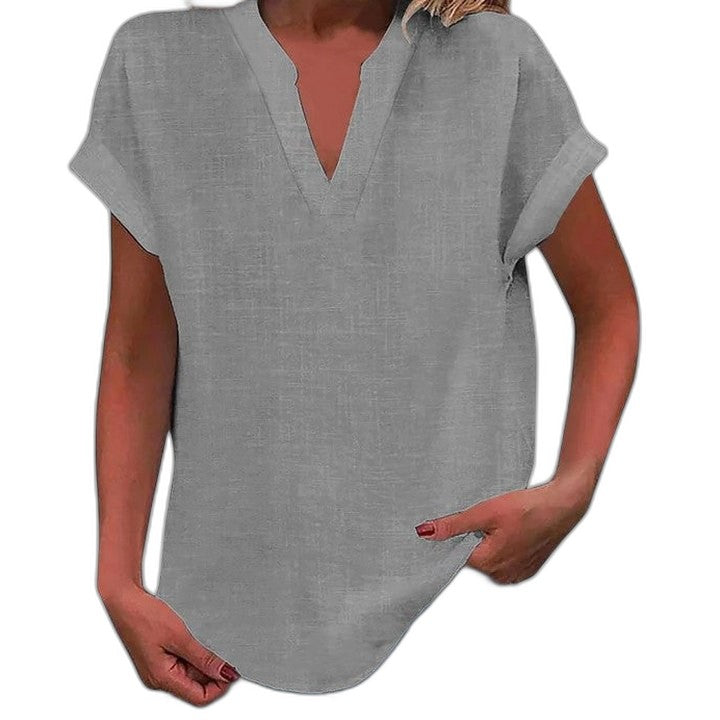 Effortless Brown Linen Blouse for Women with V Neck Short Sleeve Oversized Casual Style