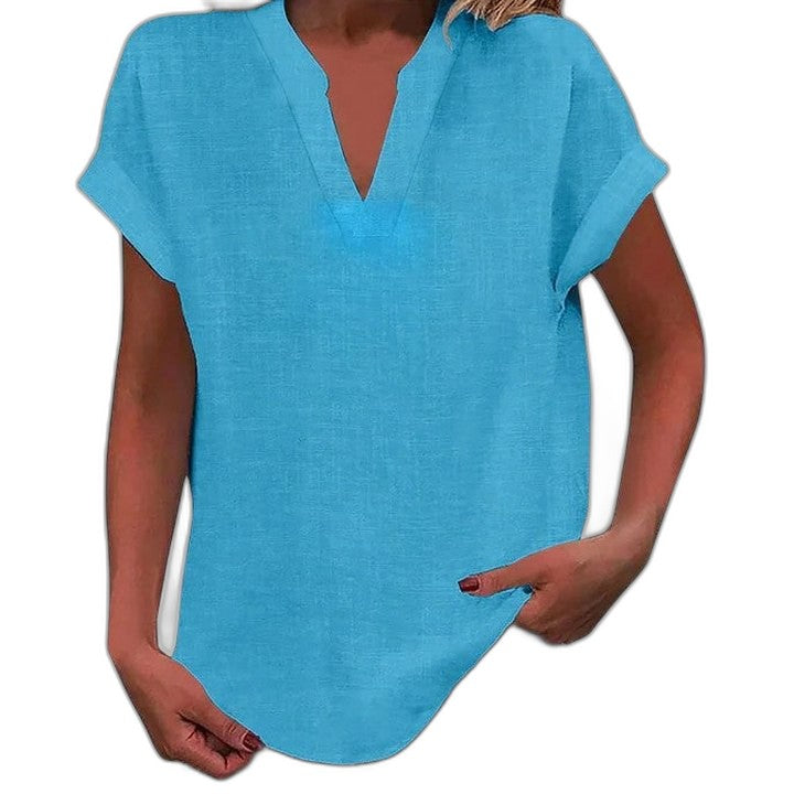 Effortless Brown Linen Blouse for Women with V Neck Short Sleeve Oversized Casual Style