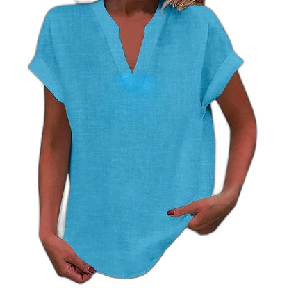 Effortless Brown Linen Blouse for Women with V Neck Short Sleeve Oversized Casual Style