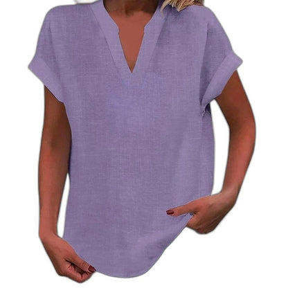 Effortless Brown Linen Blouse for Women with V Neck Short Sleeve Oversized Casual Style
