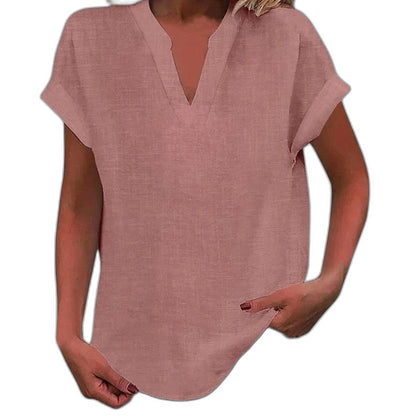 Effortless Brown Linen Blouse for Women with V Neck Short Sleeve Oversized Casual Style