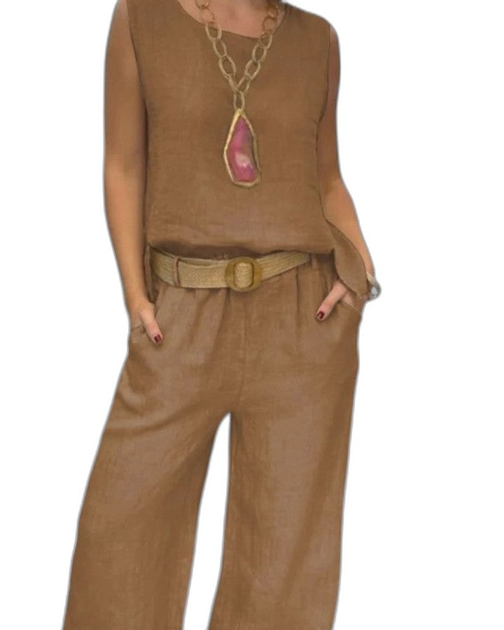 Effortless Brown Linen Jumpsuit for Women with Crew Neck Sleeveless Belted Wide Leg Pockets Casual Style