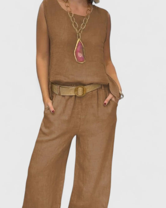 Effortless Brown Linen Jumpsuit for Women with Crew Neck Sleeveless Belted Wide Leg Pockets Casual Style