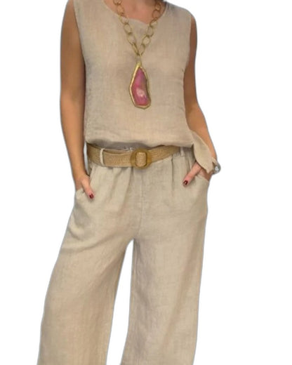 Effortless Brown Linen Jumpsuit for Women with Crew Neck Sleeveless Belted Wide Leg Pockets Casual Style