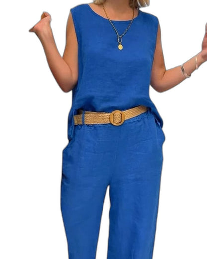 Effortless Brown Linen Jumpsuit for Women with Crew Neck Sleeveless Belted Wide Leg Pockets Casual Style