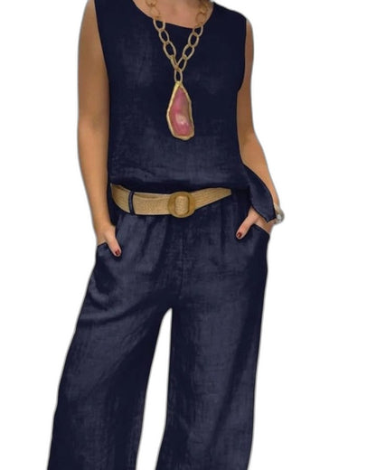 Effortless Brown Linen Jumpsuit for Women with Crew Neck Sleeveless Belted Wide Leg Pockets Casual Style