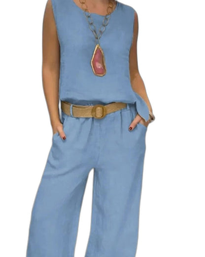 Effortless Brown Linen Jumpsuit for Women with Crew Neck Sleeveless Belted Wide Leg Pockets Casual Style