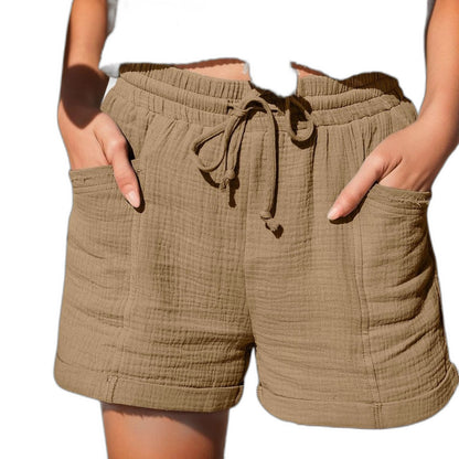 Effortless Brown Linen Shorts for Women with High Waisted Pockets Casual Style