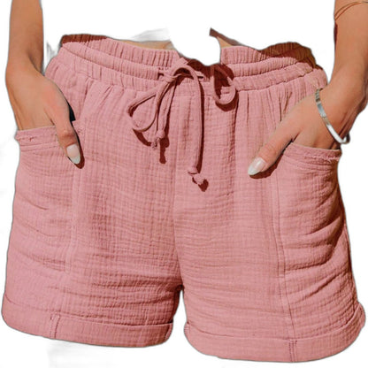 Effortless Brown Linen Shorts for Women with High Waisted Pockets Casual Style