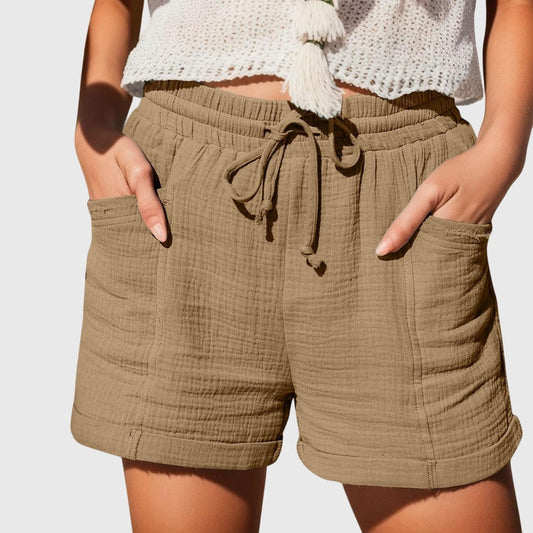 Effortless Brown Linen Shorts for Women with High Waisted Pockets Casual Style