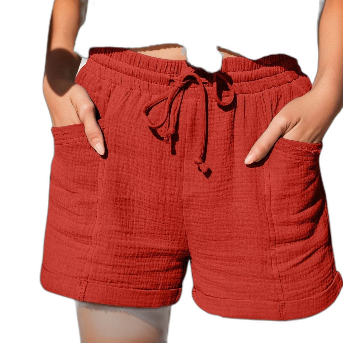 Effortless Brown Linen Shorts for Women with High Waisted Pockets Casual Style