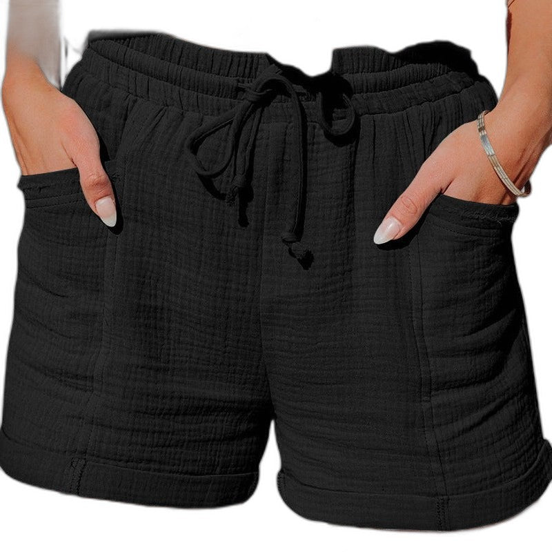 Effortless Brown Linen Shorts for Women with High Waisted Pockets Casual Style
