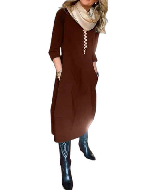 Effortless Brown Midi Dress for Women with Crew Neck Long Sleeve Flowing Pockets Casual Style