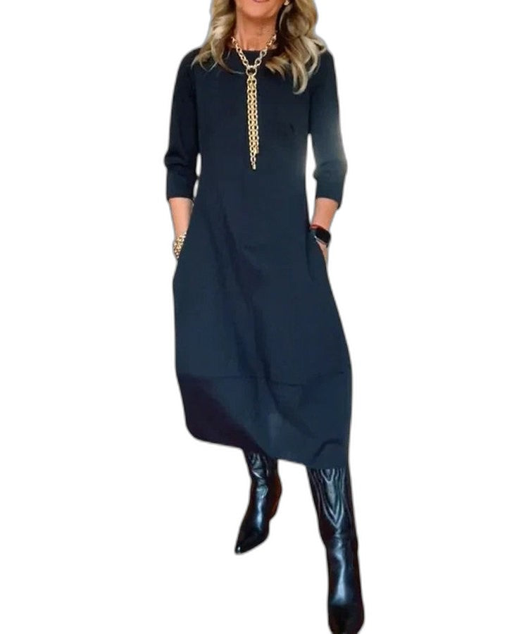 Effortless Brown Midi Dress for Women with Crew Neck Long Sleeve Flowing Pockets Casual Style