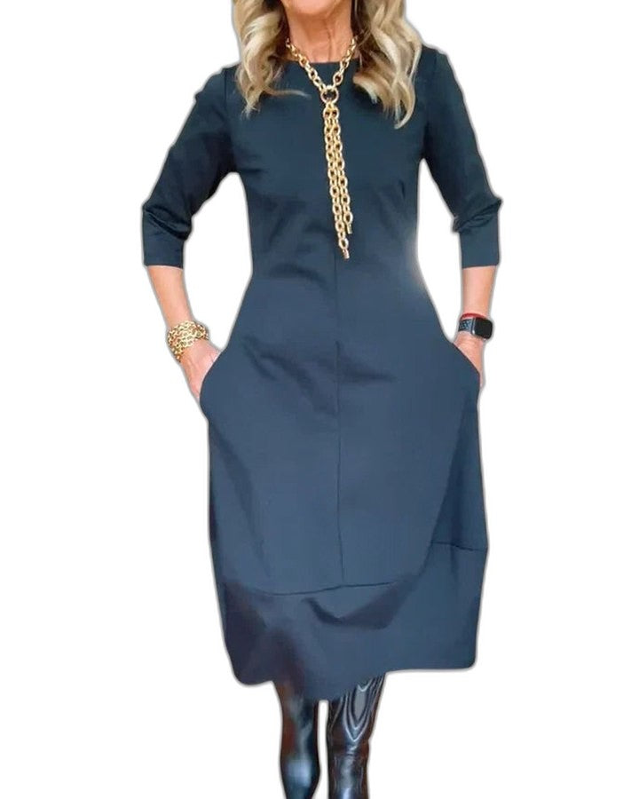 Effortless Brown Midi Dress for Women with Crew Neck Long Sleeve Flowing Pockets Casual Style