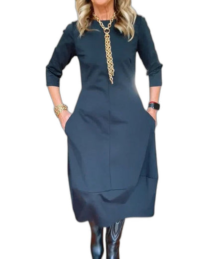 Effortless Brown Midi Dress for Women with Crew Neck Long Sleeve Flowing Pockets Casual Style