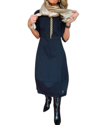 Effortless Brown Midi Dress for Women with Crew Neck Long Sleeve Flowing Pockets Casual Style