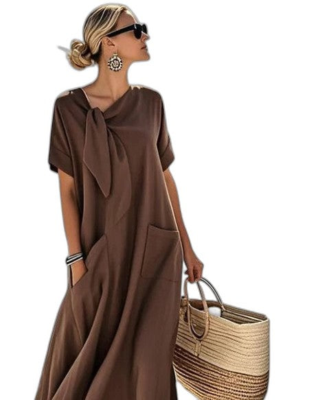 Effortless Brown Midi Dress for Women with Crew Neck Short Sleeve Flowing Pockets Casual Style