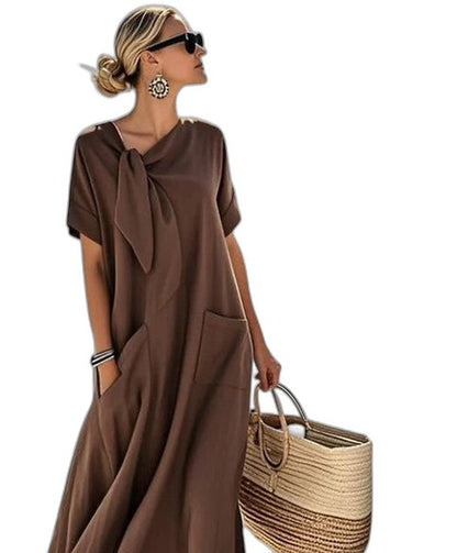 Effortless Brown Midi Dress for Women with Crew Neck Short Sleeve Flowing Pockets Casual Style