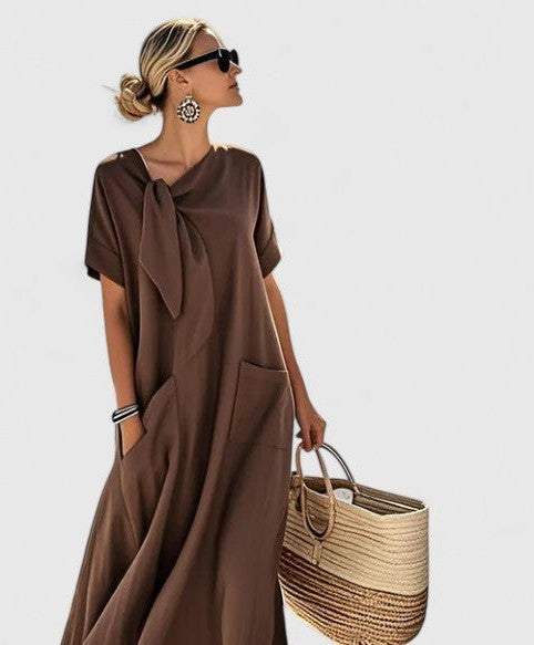 Effortless Brown Midi Dress for Women with Crew Neck Short Sleeve Flowing Pockets Casual Style