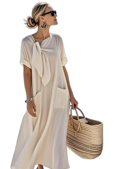 Effortless Brown Midi Dress for Women with Crew Neck Short Sleeve Flowing Pockets Casual Style