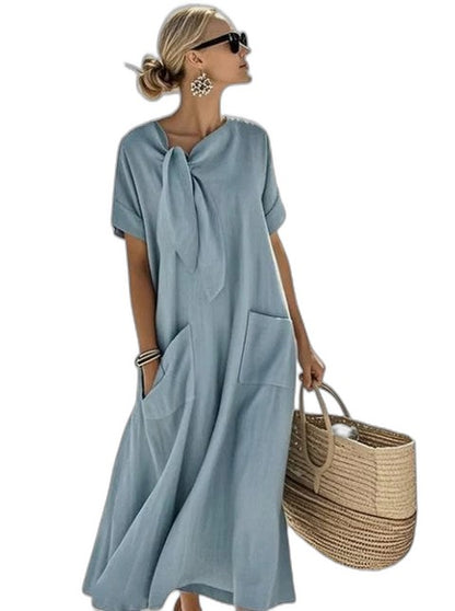 Effortless Brown Midi Dress for Women with Crew Neck Short Sleeve Flowing Pockets Casual Style