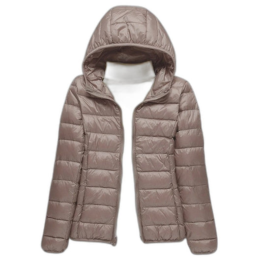 Effortless Brown Puffer Jacket for Women with High Neck Long Sleeve Quilted Casual Style