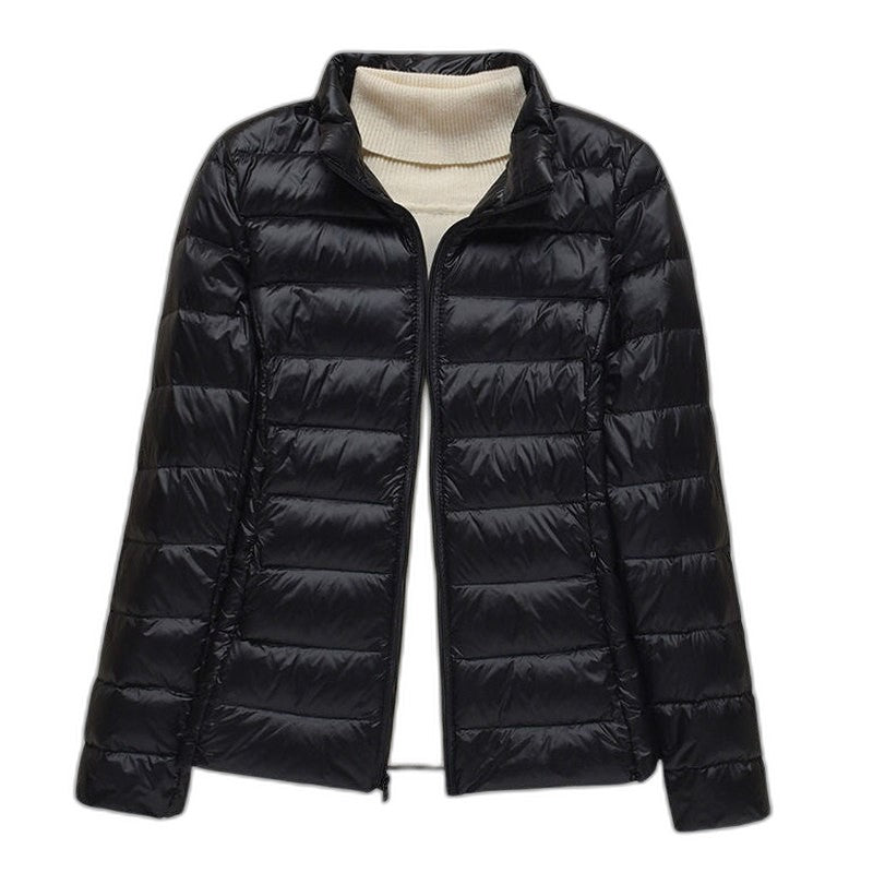 Effortless Brown Puffer Jacket for Women with High Neck Long Sleeve Quilted Casual Style