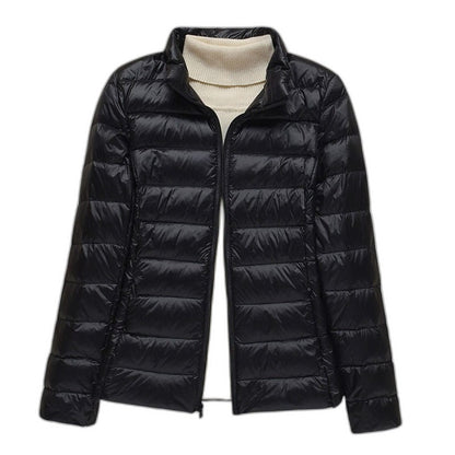 Effortless Brown Puffer Jacket for Women with High Neck Long Sleeve Quilted Casual Style
