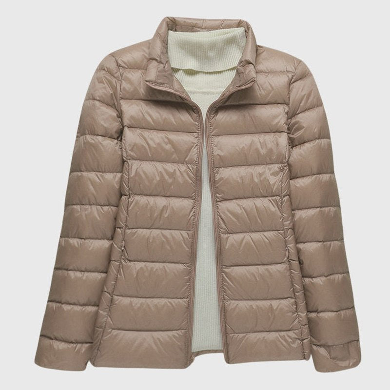 Effortless Brown Puffer Jacket for Women with High Neck Long Sleeve Quilted Casual Style