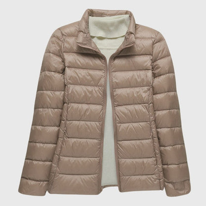 Effortless Brown Puffer Jacket for Women with High Neck Long Sleeve Quilted Casual Style