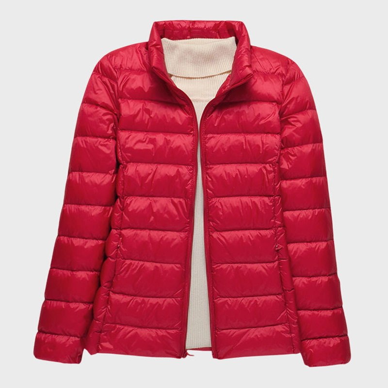 Effortless Brown Puffer Jacket for Women with High Neck Long Sleeve Quilted Casual Style