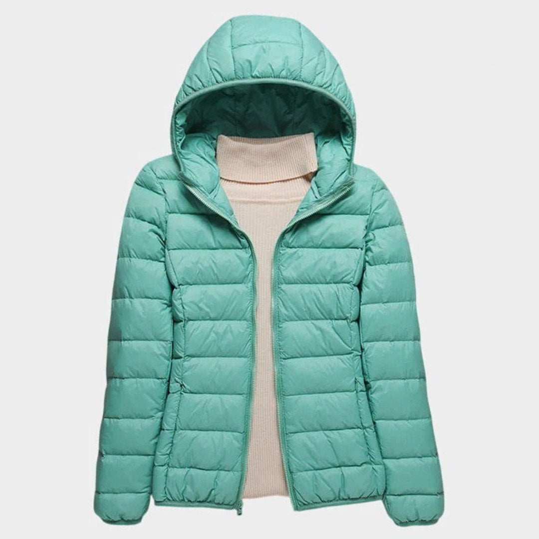Effortless Brown Puffer Jacket for Women with High Neck Long Sleeve Quilted Casual Style