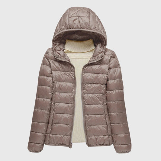 Effortless Brown Puffer Jacket for Women with High Neck Long Sleeve Quilted Casual Style